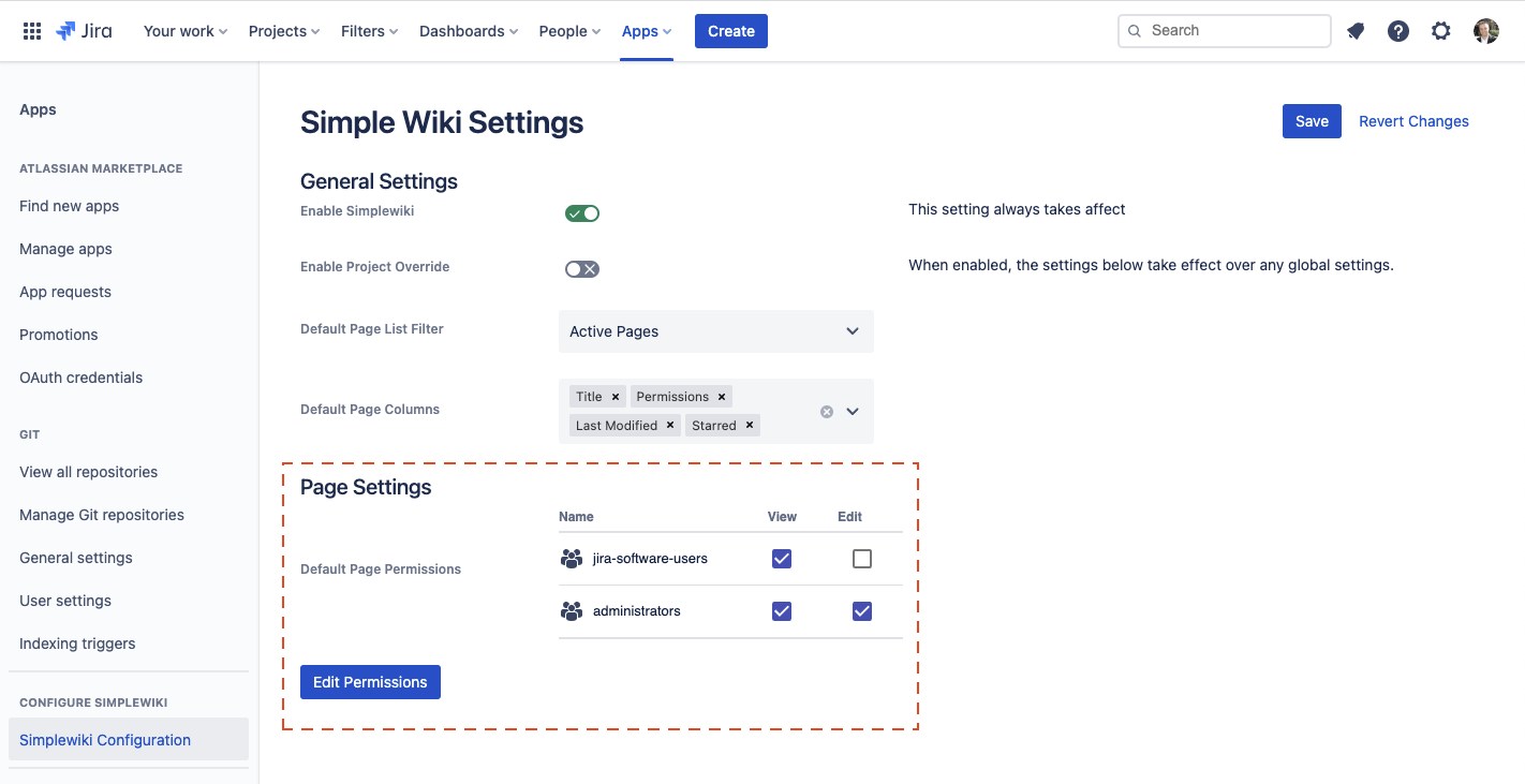 settings with page permissions highlighted