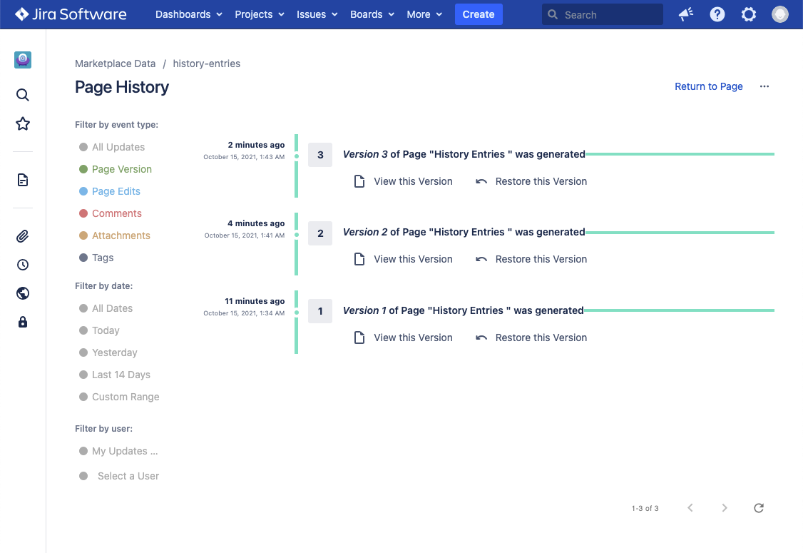 page history - single versions entry