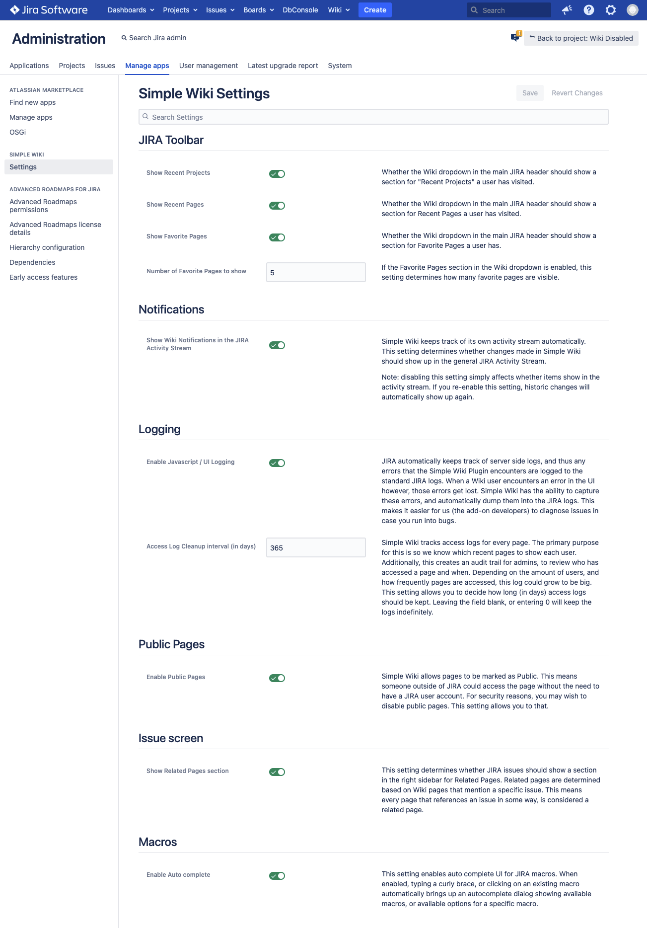 wiki settings screen